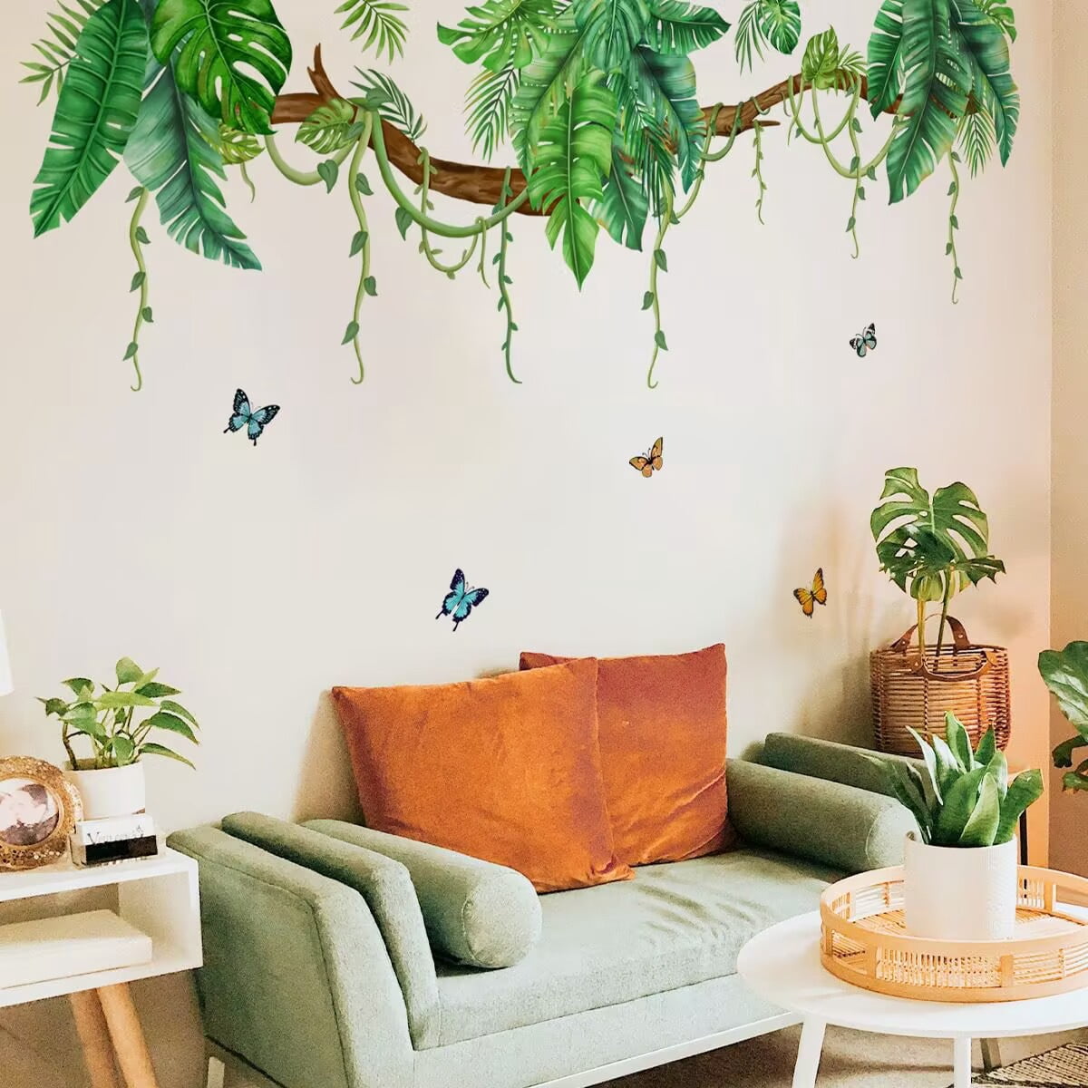 Tropical Palm Leaf Hanging Vine Wall Stickers Decor, Leaves Green Plant ...