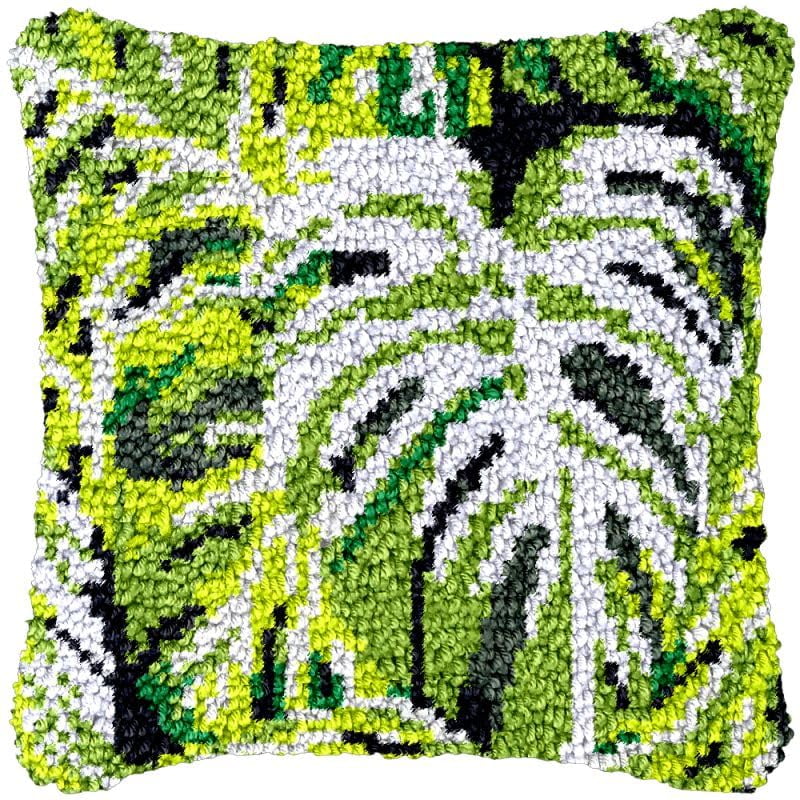 Tropical Palm Leaf Latch Hook Pillowcase Kits for Adults and Starter DIY Cushion Cross Stitch Latch Hook Rug Kits with Preprinted Canvas Crochet Yarn Kits Needlework Crafts 17'' X 17''