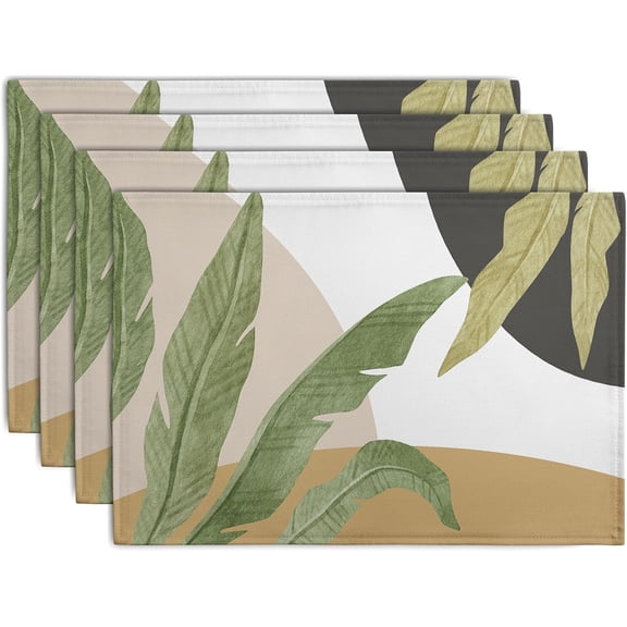 Tropical Palm Leaf Linen Placemats Set of 4 Summer Green Banana Leaves Themed Kitchen Place Mats Washable Non-Slip Heat Resistant Fabric Dining Table Placemats 12x18 Inch