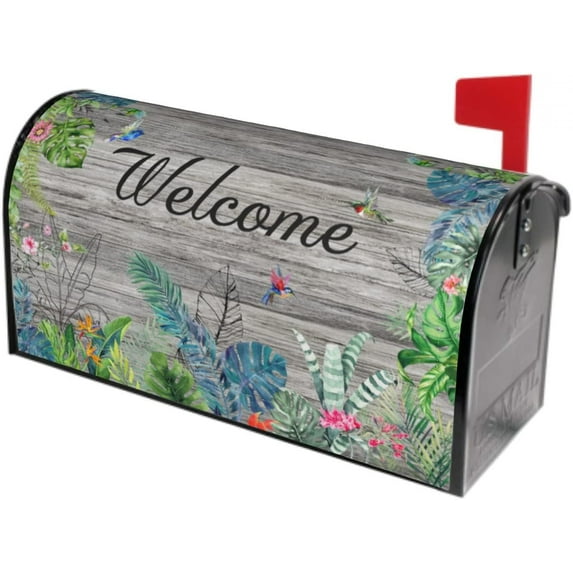 Tropical Palm Leaf Mailbox Cover Magnetic Summer Hawaiian Floral Hummingbird Mailbox Cover Farmhouse Welcome Mail Box Covers Garden Yard Home Decor for Outdoor Standard Size 21 x 18 in