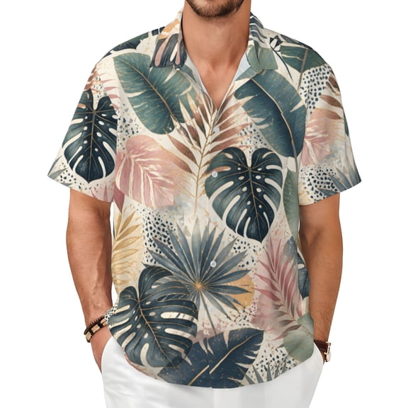 Tropical Palm Leaf Men's Shirts Short-Sleeved with All-Over Prints Button-Up Shirts