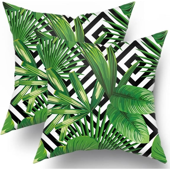 Tropical Palm Leaf Pillow Covers 18x18 Inch Green Banana Leaves Throw Pillow Covers Geometric Plant Outdoor Decorative Pillowcase Square Cotton Cushion Cover for Couch Bed Sofa Home Patio (Pack of 2)