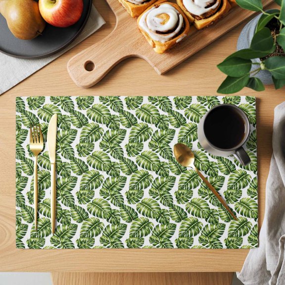 Tropical Palm Leaf Placemats Set of 1 Summer Tropical Green Monstera Fronds Coastal Heat Insulation Non-Slip Place Mats Washable Table Mats for Dining room Party Kitchen Decor, 13 x 19 Inches
