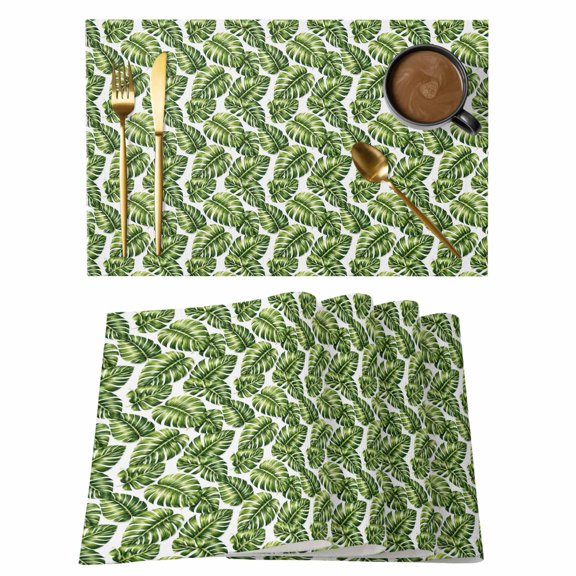 Tropical Palm Leaf Placemats Set of 4, Summer Tropical Green Monstera Fronds Coastal Non-Slip Place Mats Washable Table Mats for Kitchen Dining Table Decorations Indoor/Outdoor
