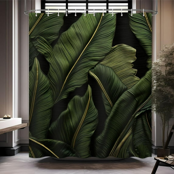 Tropical Palm Leaf Shower Curtain Dark Green Golden Banana Leaves Bathroom Tropical Jungle Palm Tree Hawaiian Bathroom Decor Set with12 Hooks 72x72 inches (B)