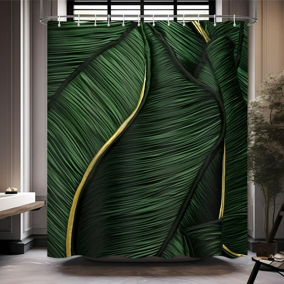 Tropical Palm Leaf Shower Curtain Dark Green Golden Banana Leaves Bathroom Tropical Jungle Palm Tree Hawaiian Bathroom Decor Set with12 Hooks 72x72 inches (A)