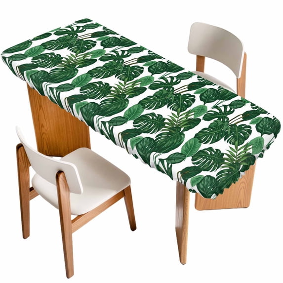 Tropical Palm Leaf Table Cloths for 8 Foot Rectangle Tables, Spring Summer Watercolor Green Plants Patio Waterproof Elastic Fitted Tablecloths, Washable Rectangular Table Cover for Camping