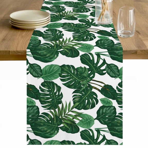 Tropical Palm Leaf Table Runner 48 Inches Long Farmhouse Dress Scarves, Spring Summer Watercolor Green Plants Dining Tablerunner for Coffee Table/Kitchen Island/Party Décor, 13" x 48"