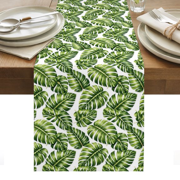 Tropical Palm Leaf Table Runner, Summer Tropical Green Monstera Fronds Coastal Washable Kitchen Table Runners Dress Scarves for Dining Table Decorations Party/Restaurant/Indoor Outdoor Use, 13x120in