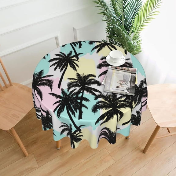 Tropical Palm Leaf Tablecloth Round 60 Inch Watercolor Summer Tablecloth Green Palm Table Cloth Kitchen Table Cloth Cover for Party Holiday Dinning Tabletop Home Decor