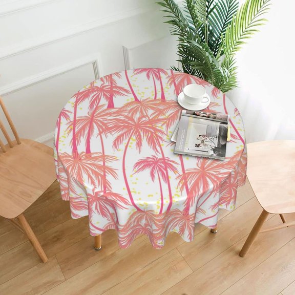 Tropical Palm Leaf Tablecloth Round Table Cover Washable Polyester Table Cloth for Kitchen Party Picnic Dining Decor 60 Inch