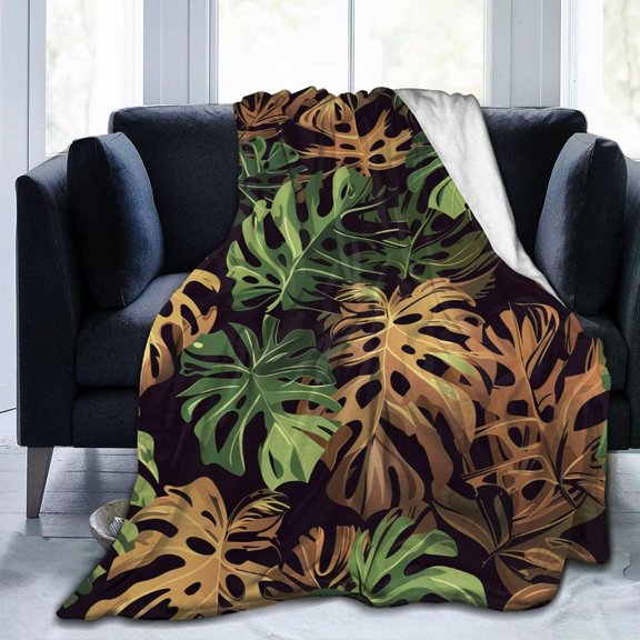 Tropical Palm Leaf Throw Blanket Fluffy Fleece Blankets Plant Lightweight Travel Blanket Indoor Outdoor Blanket for Couch Sofa Bed 60"x50"