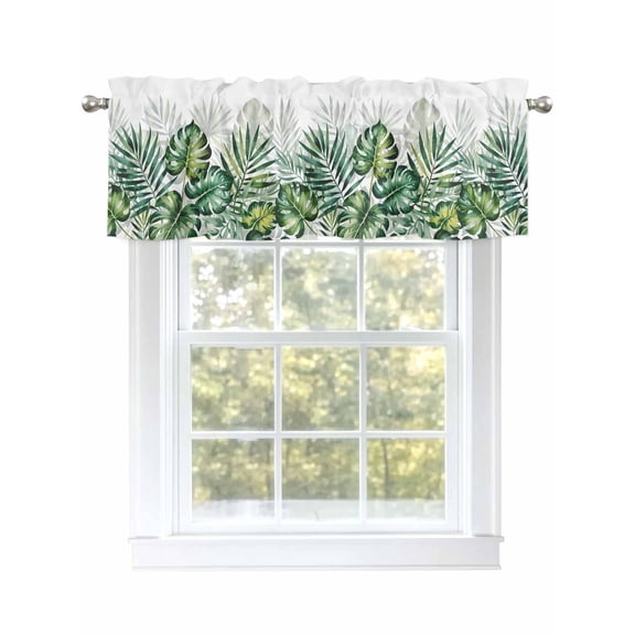 Tropical Palm Leaf Valances for Windows, Rod Pocket Kitchen Valance Curtains - Soft & Washable Small Window Treatment for Living Room, Bathroom, Summer Plant , 42x12 Inch, 1 Panel