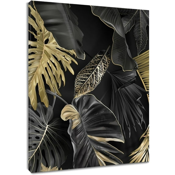 Tropical Palm Leaf Wall Art Black and Gold Leaves Canvas Wall Art Botanical Plant Vertical Wood Framed Prints Wall Decor for Bathroom Living Room Bedroom Kitchen Office,12Wx16L inch