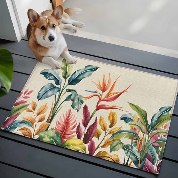 Tropical Palm Leaf Washable Entry Rug 2x3 Boho Bird Paradise Flower Linen Texture Low Pile Indoor Door Mat with Rubber Backing Thin Area Rug for for Entrance, Bedroom, Kitchen, Laundry, Bathroom