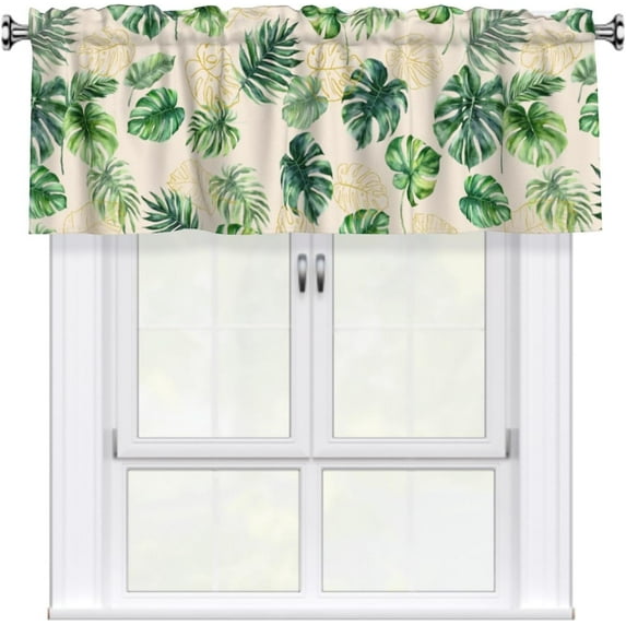 Tropical Palm Leaf Window Valances, Summer Green Monstera Short Kitchen Valance 54"x18", Hawaiian Banana Leaves Decorative Rod Pocket Curtain Valance for Bathroom Dining Room, 1 Pack
