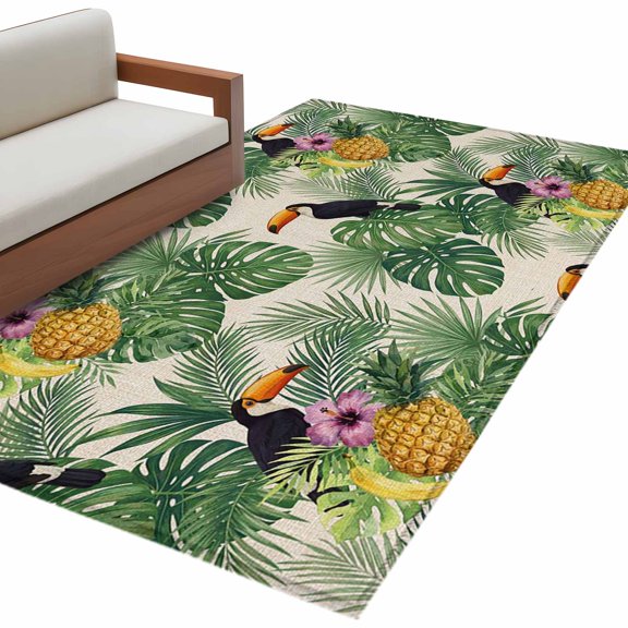 Tropical Palm Leaves Area Rug 3x5 Washable Rug Non Slip Birds Pineapple Vintage Texture Large Area Rug Indoor Floor Carpet for Entryway Bedroom Kitchen Living Room Home Office Dining Room Nursery