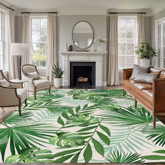Tropical Palm Leaves Area Rugs 5'x7', Small Throw Rugs for Laundry Room Playroom, Green Monstera Leaf Plants Summer Beige Indoor Outdoor Rug Non-Slip Low Pile Carpet Runner Reversible Floor Mats