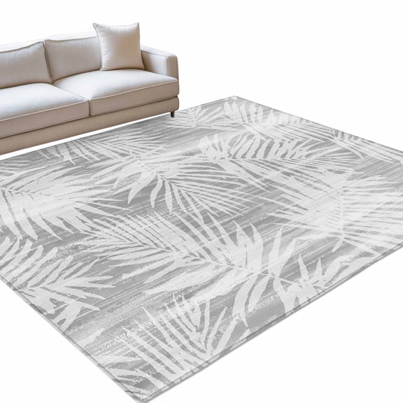 Tropical Palm Leaves Area Rugs 5x8ft Boho Gray White Nature Summer Floor Rug Non Slip Low Pile Ultra Soft Throw Carpet for Entryway Indoor Entrance Kitchen Bathroom