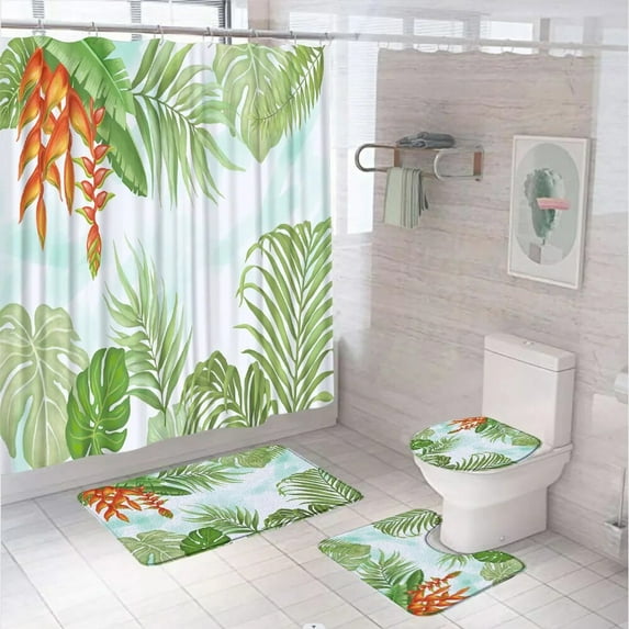 Tropical Palm Leaves Bathroom Set Shower Curtain Non Slip Rug Accessories Watercolor Flower Floral Bath Mat Carpet Toilet Cover