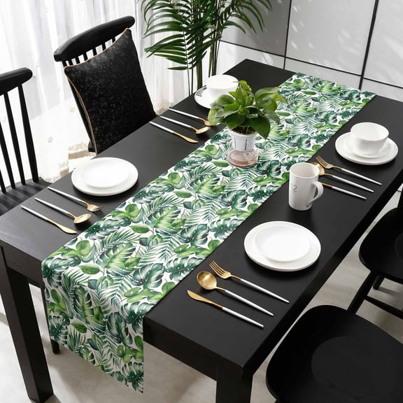 Tropical Palm Leaves Cotton Linen Table Runner 16 x 72 inch Summer Green Botanical Plants Non-slip Rectangular Dining Table Decor for Wedding Party Holiday Dinner