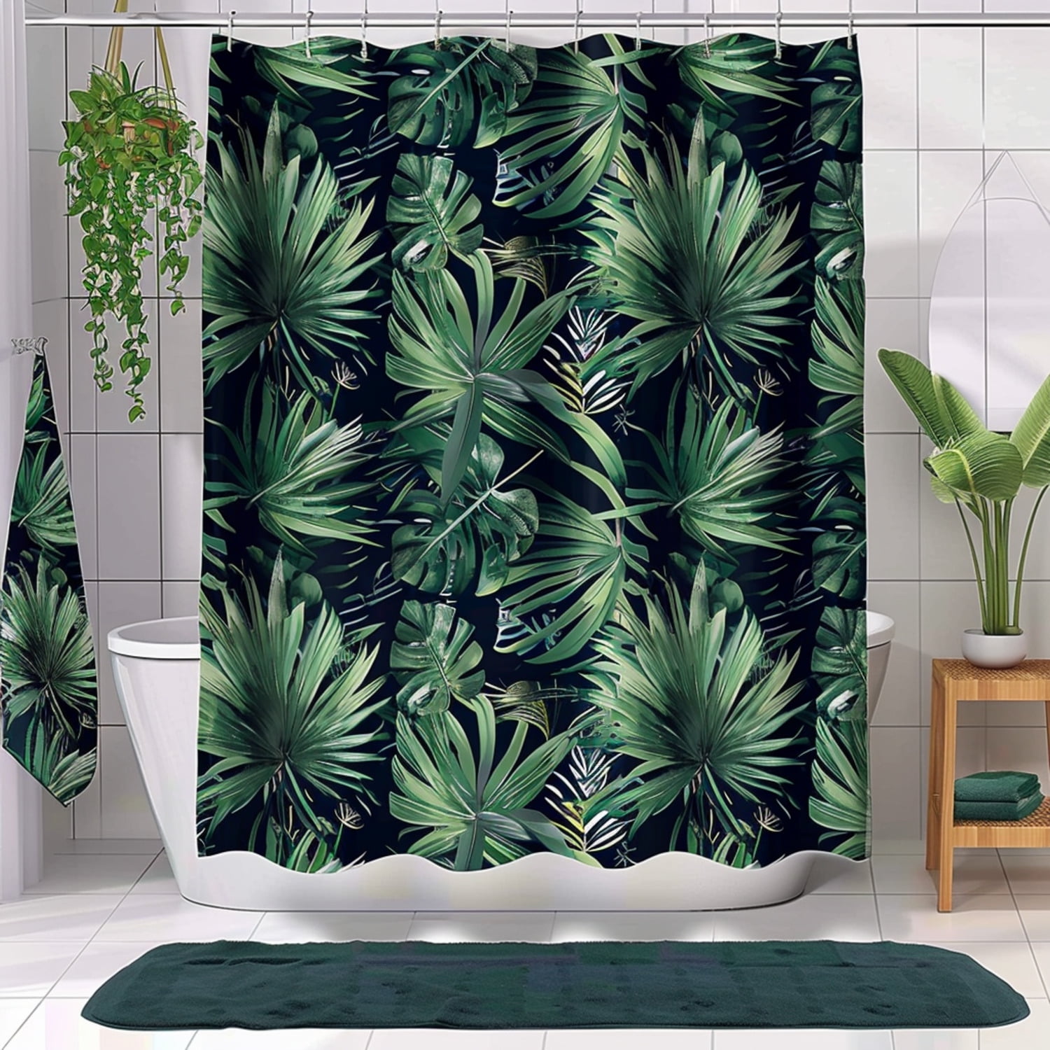 Tropical Palm Leaves Dark Green Shower Curtain Set Stylish Design for a