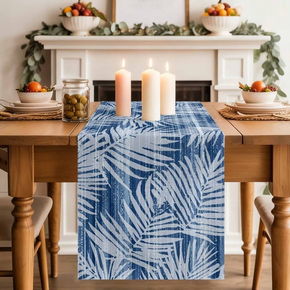 Tropical Palm Leaves Dining Table Runner, Boho Navy Blue White Nature Summer Washable Table Runners Kitchen Coffee Table Center Decor for Home Party Holiday Wedding 18 x 72 Inches