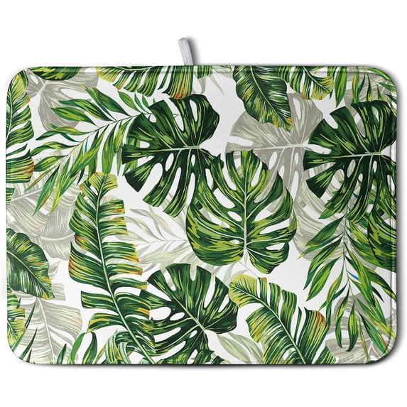 Tropical Palm Leaves Dish Drying Mat for Dishes 16x18 Inch Spring Green Monstera Leaf Drying Mat Watercolor Herbs Dish Drainer Mat Super Absorbent Dish Rack Pad for Coffee Bar Sinks