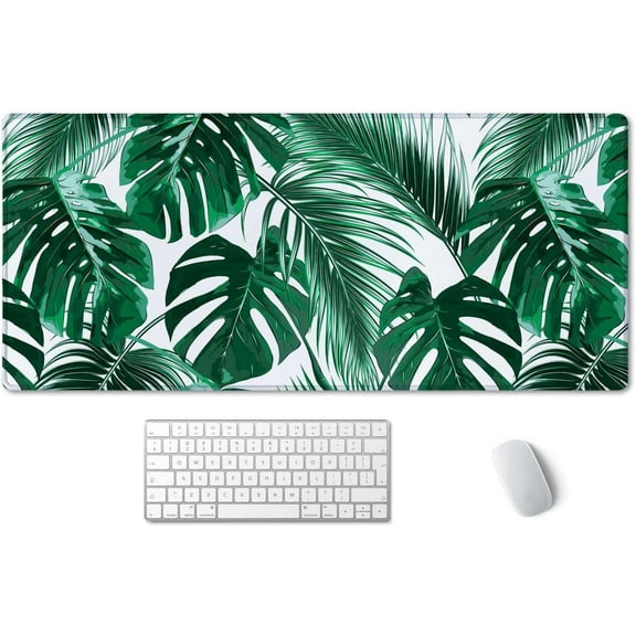 Tropical Palm Leaves Extended Gaming Mouse Pad 35.5x15.7in Non-Slip Rubber Base Stitched Edges for Work, Game, Office, Home
