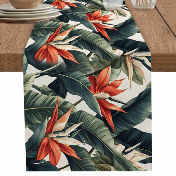 Tropical Palm Leaves Flower on Beige Table Runner-36 Inch Long Watercolor Plant Table Runners Linen Burlap Tablerunner for Kitchen Dining Room Holiday Party