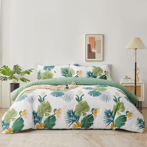 Tropical Palm Leaves Full Size Duvet Cover Set 3pcs Botanical Monstera Leaf Bedding Comforter Cover Set 1 Duvet Cover 2 Pillow Shams, Comforter Not Included
