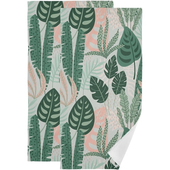 Tropical Palm Leaves Hand Towels for Bathroom Set of 2 Abstract Green Pink Leaf Summer Kitchen Towels Soft Absorbent Decorative Fingertip Towels Face Towel 16"x28"