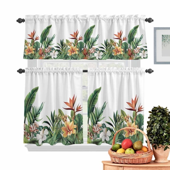Tropical Palm Leaves Kitchen Curtains Valances 3 Piece Set, Watercolor Floral Rod Pocket Tier Curtain and Valance Drapes for Small Window 24 Inch Length for Bedroom Cafe