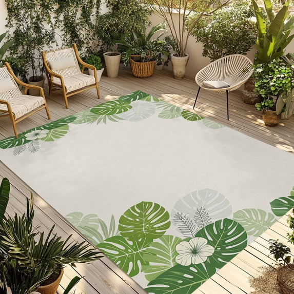 Tropical Palm Leaves Outdoor Rug for Patio/Deck/Porch, Non-Slip Large Area Rug 5 x 7 Ft, Summer Green Botanical Leaf Plants Indoor Outdoor Rugs Washable Area Rugs, Camping Rug Carpet Runner