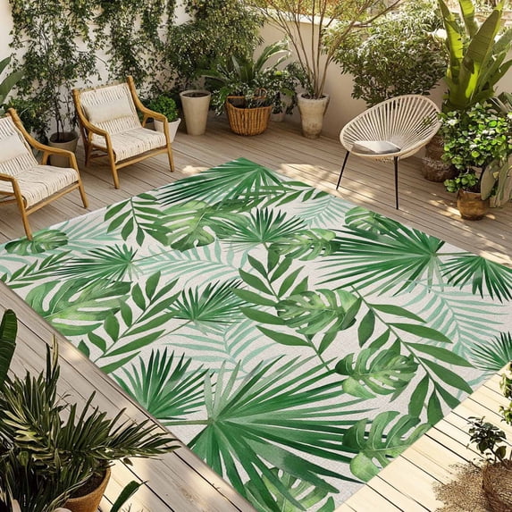 Tropical Palm Leaves Outdoor Rug for Patio/Deck/Porch, Non-Slip Large Area Rug 5 x 8 Ft, Green Monstera Leaf Plants Summer Beige Indoor Outdoor Rugs Washable Area Rugs, Camping Rug Carpet Runner