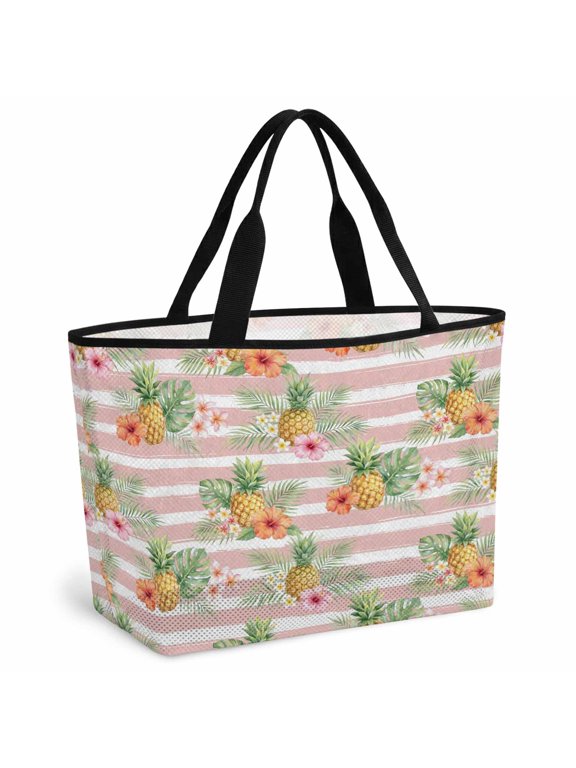 Tropical Palm Leaves Pineapple Beach Bag for Women, Large Breathable Mesh Beach Tote Bag, Summer Botanical Pink Striped Sandproof Lightweight Travel Bags for Vacation Picnic Swimming Pool