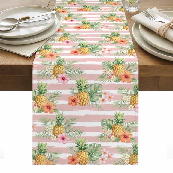 Tropical Palm Leaves Pineapple Table Runner Summer Botanical Pink Striped Tablerunners 13 x 36 Inch, Table Decorations Tabletop Scarf for Summer Gathering Holiday Farmhouse Kitchen Dining Decor