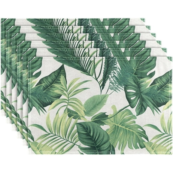 Tropical Palm Leaves Placemats Set of 6,Summer Green Plant Leaf Dining Table Mats,Non-Slip Washable Place Mats Farmhouse Kitchen Table Placemats for Indoor Outdoor Party Wedding Decoration,12x18 inch