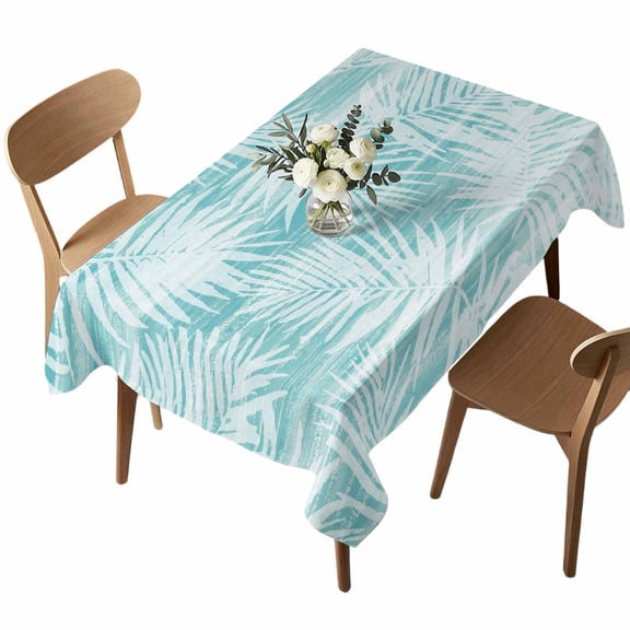 Tropical Palm Leaves Rectangle Tablecloth Boho Teal White Nature Summer Waterproof Wrinkle Free Soft Table Cloth Spill-Proof Washable Table Cover for Dining Party Picnic 60 x 102 Inch