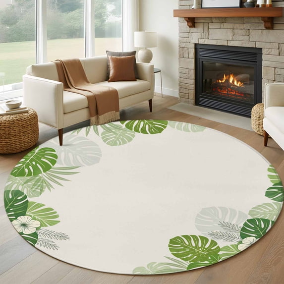 Tropical Palm Leaves Round Area Rug 5Ft Washable Circle Rugs for Living Room Bedroom, Summer Green Botanical Leaf Plants Non-Slip Carpet Floor Mats Indoor Outdoor Carpet Runner Aesthetic Home Decor