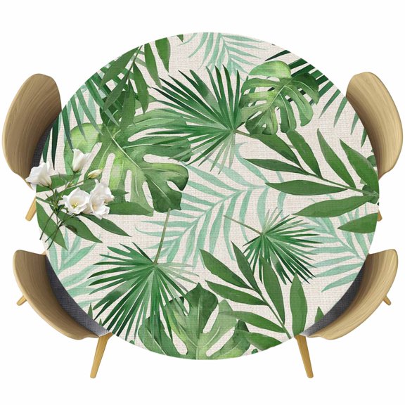 Tropical Palm Leaves Round Tablecloth 36-44 Inch Round Fitted Table Cloth with Elastic Edge, Green Monstera Leaf Plants Summer Beige Waterproof Table Cover Protector for Outdoor Picnic Party Dining