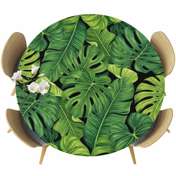 Tropical Palm Leaves Round Tablecloth 36-44 Inch Round Fitted Table Cloth with Elastic Edge, Summer Green Botanical Leaf Waterproof Table Cover Protector for Outdoor Picnic Party Dining