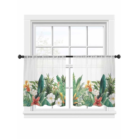 Tropical Palm Leaves Sheer Curtains 2 Panels Set Watercolor Floral Sheer Window Curtains Light Filtering Rod Pocket Voile Drapes for Bedroom Living Room 52"x54"