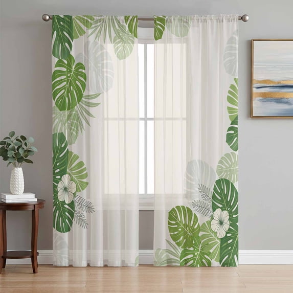 Tropical Palm Leaves Sheer Curtains 72 Inches Long 2 Panels Set, Window Sheer Curtains for Living Room/Bedroom, Summer Green Botanical Leaf Plants Light Filtering Rod Pocket Curtain 52''x72''x2