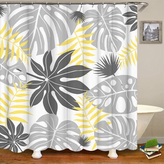 Tropical Palm Leaves Shower Curtain Black Gray Yellow Leaves Monstera Plant Waterproof Fabric Polyester Bathroom Curtains with Hooks 54"W x 78"L (Pack of 1)
