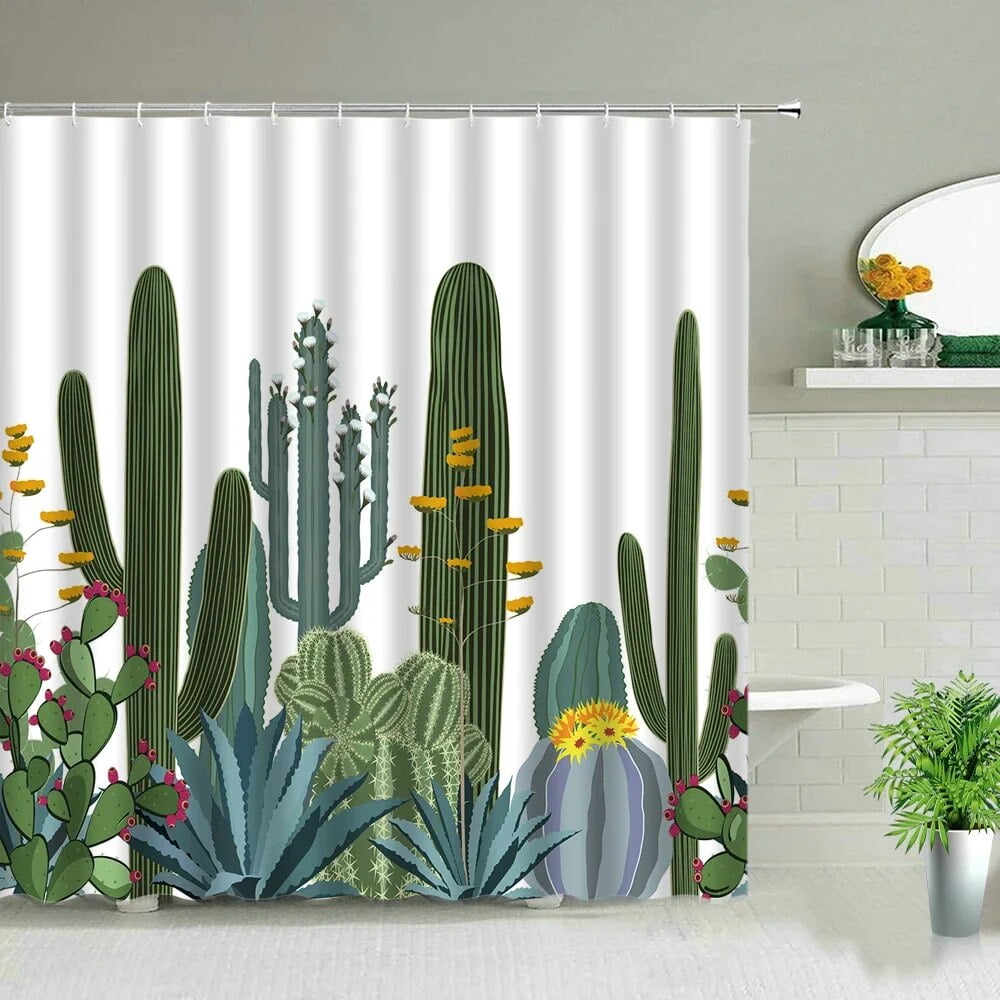 Tropical Palm Leaves Shower Curtain Set Green Plant Leaves Leaf Pumpkin