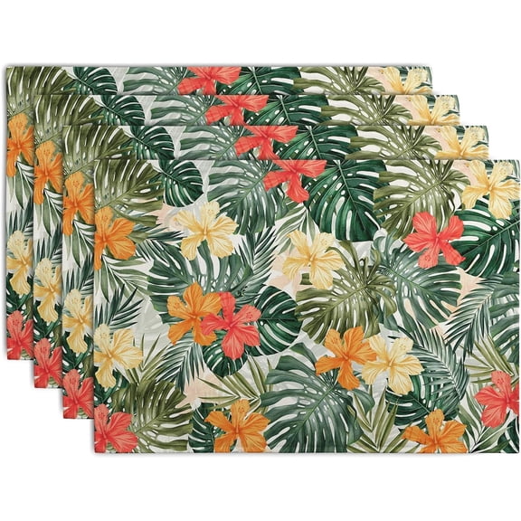 Tropical Palm Leaves Table Mats Set of 4 Summer Watercolor Hibiscus Flower Leaf Placement Mats for Dining Table Washable Non-Slip Heat Resistant Linen Place Mat 12×18 Inch