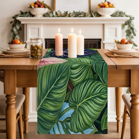 Tropical Palm Leaves Table Runner, Green Blue Jungle Nature Plant Botanical Washable Cotton-linen Table Runners Dining Kitchen Decoration for Everyday Home Wedding Party Decor, 18 x72 Inch