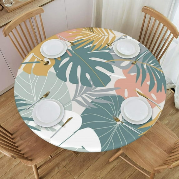 Tropical Palm Leaves Tablecloth Elastic Edged Round Fitted Table Cover Waterproof for Indoor Outdoor Dinning Fit 45'''' - 50'''' Table, Medium
