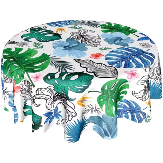 Tropical Palm Leaves Tablecloth Round 60 Inch Summer Flora Tablecloth Washable Blue Green Banana Leaf Table Cloth for Kitchen Dinner Room Holiday Picnic Party Camping Patio Indoor Outdoor Home Decor